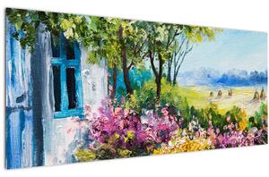 Obraz záhradky pred domom, olejomaľba (120x50 cm)
