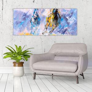 Obraz bežiacich koňov, olejomaľba (120x50 cm)