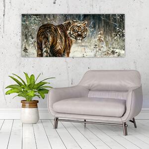 Obraz - Tiger v zasneženom lese, olejomaľba (120x50 cm)