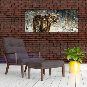 Obraz - Tiger v zasneženom lese, olejomaľba (120x50 cm)