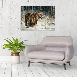 Obraz - Tiger v zasneženom lese, olejomaľba (70x50 cm)