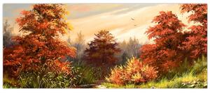 Obraz rieky v jesennej krajine, olejomaľba (120x50 cm)