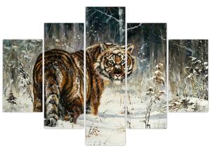 Obraz - Tiger v zasneženom lese, olejomaľba (150x105 cm)