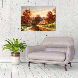 Sklenený obraz rieky v jesennej krajine, olejomaľba (70x50 cm)