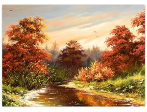 Sklenený obraz rieky v jesennej krajine, olejomaľba (70x50 cm)