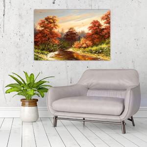 Obraz rieky v jesennej krajine, olejomaľba (90x60 cm)