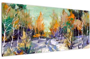 Obraz - Zasnežená cesta lesom, olejomaľba (120x50 cm)