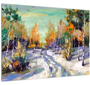 Obraz - Zasnežená cesta lesom, olejomaľba (70x50 cm)