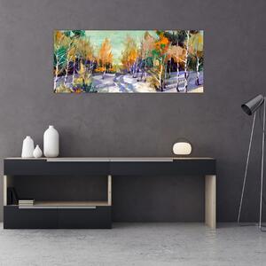 Obraz - Zasnežená cesta lesom, olejomaľba (120x50 cm)