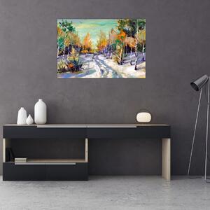 Obraz - Zasnežená cesta lesom, olejomaľba (90x60 cm)