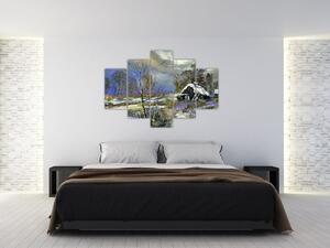 Obraz chalúpky v zimnej krajine, olejomaľba (150x105 cm)