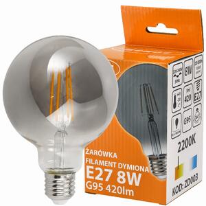 BERGE LED žiarovka G95 - E27 - 8W - FILAMENT - dymová - teplá biela