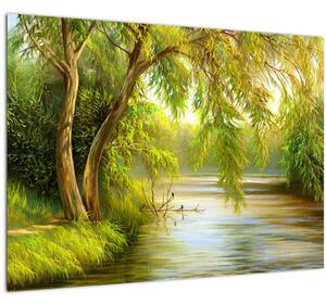 Sklenený obraz - Vŕba pri jazere, olejomaľba (70x50 cm)