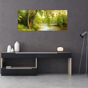 Obraz - Vŕba pri jazere, olejomaľba (120x50 cm)