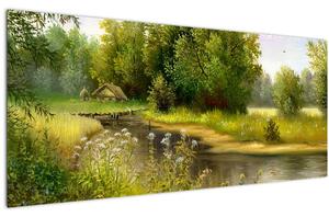 Obraz - Rieka pri lese, olejomaľba (120x50 cm)
