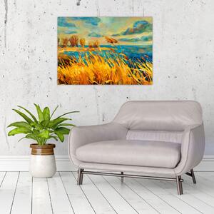 Obraz - Západajúce slnko nad jazerom, akrylová maľba (70x50 cm)