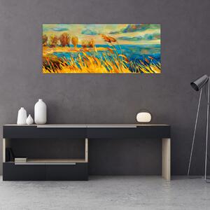 Obraz - Západajúce slnko nad jazerom, akrylová maľba (120x50 cm)