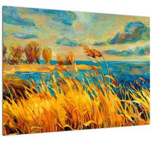 Obraz - Západajúce slnko nad jazerom, akrylová maľba (70x50 cm)