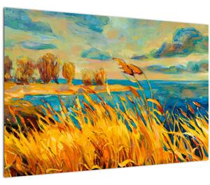 Obraz - Západajúce slnko nad jazerom, akrylová maľba (90x60 cm)