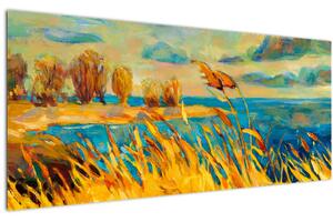Obraz - Západajúce slnko nad jazerom, akrylová maľba (120x50 cm)