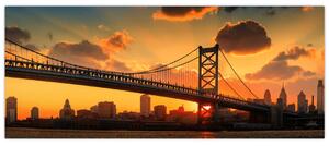 Obraz - Západ slnka nad mostom Bena Franklina, Filadelfia (120x50 cm)