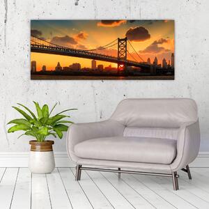 Obraz - Západ slnka nad mostom Bena Franklina, Filadelfia (120x50 cm)