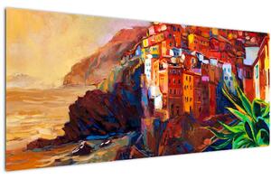 Obraz - Dedina na pobreží Cinque Terre, Talianska riviéra, moderný impresionizmus (120x50 cm)