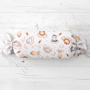 Biante Detský vankúš valec bonbon Sandra SA-763 Africké zvieratká na sivobéžových obláčikoch na bielom 15x40 cm