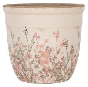 Béžový antik keramický obal na kvetináč s ružovo-zelenými kvetmi L - Ø 18*17 cm - Clayre & Eef