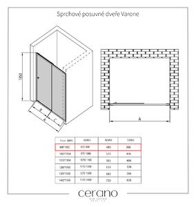 Cerano Varone, sprchovací kút s posuvnými dverami 90(dvere) x 70 (stena) x 195 cm, 6mm číre sklo, čierny profil, CER-CER-DY505B-9070