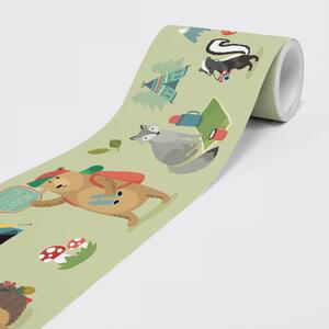DIMEX | Vliesová samolepiaca bordúra Zvieratká kempujú SBD-15-010 | 15 cm x 5 m | zelená, viacfarebná