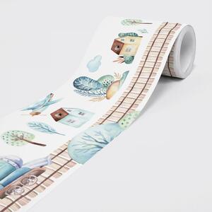 DIMEX | Vliesová samolepiaca bordúra Vláčik SBD-15-011 | 15 cm x 5 m | biela, modrá, hnedá, béžová