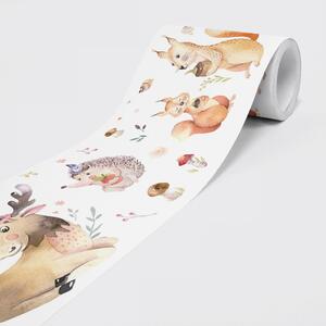 DIMEX | Vliesová samolepiaca bordúra Lesní kamaráti SBD-15-008 | 15 cm x 5 m | biela, viacfarebná, hnedá