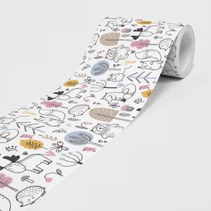 DIMEX | Vliesová samolepiaca bordúra Lesné zvieratká SBD-15-006 | 15 cm x 5 m | biela, čierna, ružová, modrá, žltá, béžová