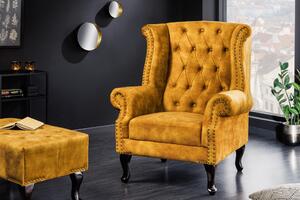 Kreslo CHESTERFIELD antický vzhľad zamat horčicovo žlté