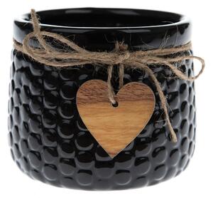 Keramický obal na kvetináč Wood heart čierna, 9,5 x 12,5 cm