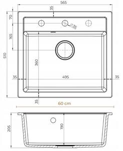 Sink Quality Ferrum, kuchynský granitový drez 565x510x205 mm + chrómový sifón, biela, SKQ-FER.W.1K60.X