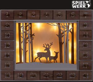 Drevený adventný kalendár s LED osvetlením, Zimný les 35x6x27cm