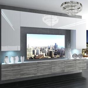 Obývacia stena Belini Premium Full Version biely lesk / šedý antracit Glamour Wood + LED osvetlenie Nexum 20