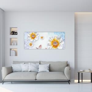 Obraz - Kompozícia s kvetmi a motýľmi (120x50 cm)