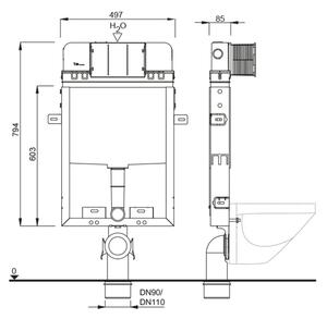 SCHWAB SET WC 199 podomietková nádržka pre zamurovanie 3/6l, DN110mm + CERANO - WC misa rimless Quartz - biela lesklá + SCHWAB CERES ovládacie tlačid…