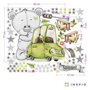 INSPIO-textilná prelepiteľná nálepka - Nálepky na stenu pre chlapcov - Macko s retro autíčkom