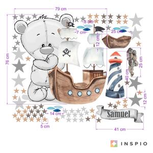 INSPIO-textilná prelepiteľná nálepka - Nálepky na stenu pre chlapcov - Medvedík a pirátska loď