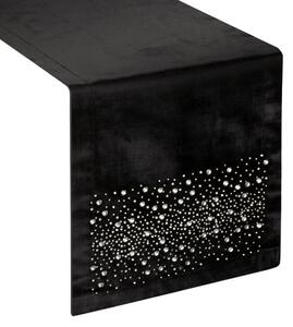 Luxsný zamatový stredový obrus v čiernej farbe s perličkami Čierna