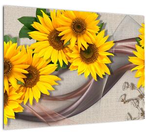 Sklenený obraz - Žiariace kvety slnečníc (70x50 cm)