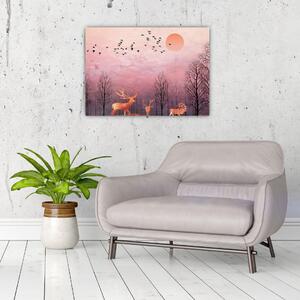 Obraz - Jelene v žiare zapadajúceho slnka (70x50 cm)