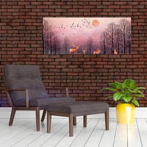 Obraz - Jelene v žiare zapadajúceho slnka (120x50 cm)
