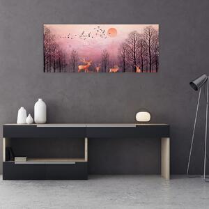 Obraz - Jelene v žiare zapadajúceho slnka (120x50 cm)