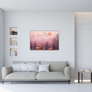 Obraz - Jelene v žiare zapadajúceho slnka (90x60 cm)