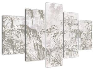 Obraz - Tropické rastliny na stene v šedej (150x105 cm)